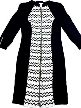 Caché Chevron Colorblock Sheath Dress Full Zip Bodycon Black White Womens Sz 8